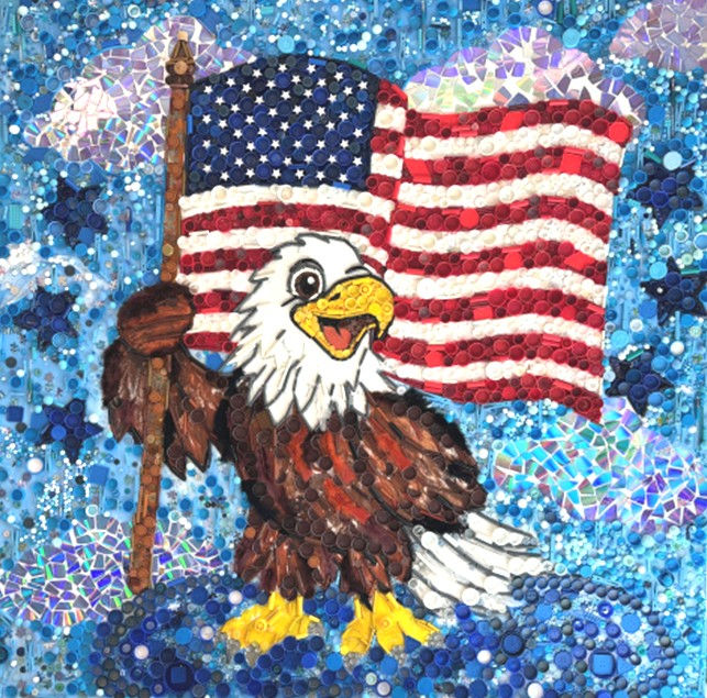 collage art work with a cartoon eagle and american flag