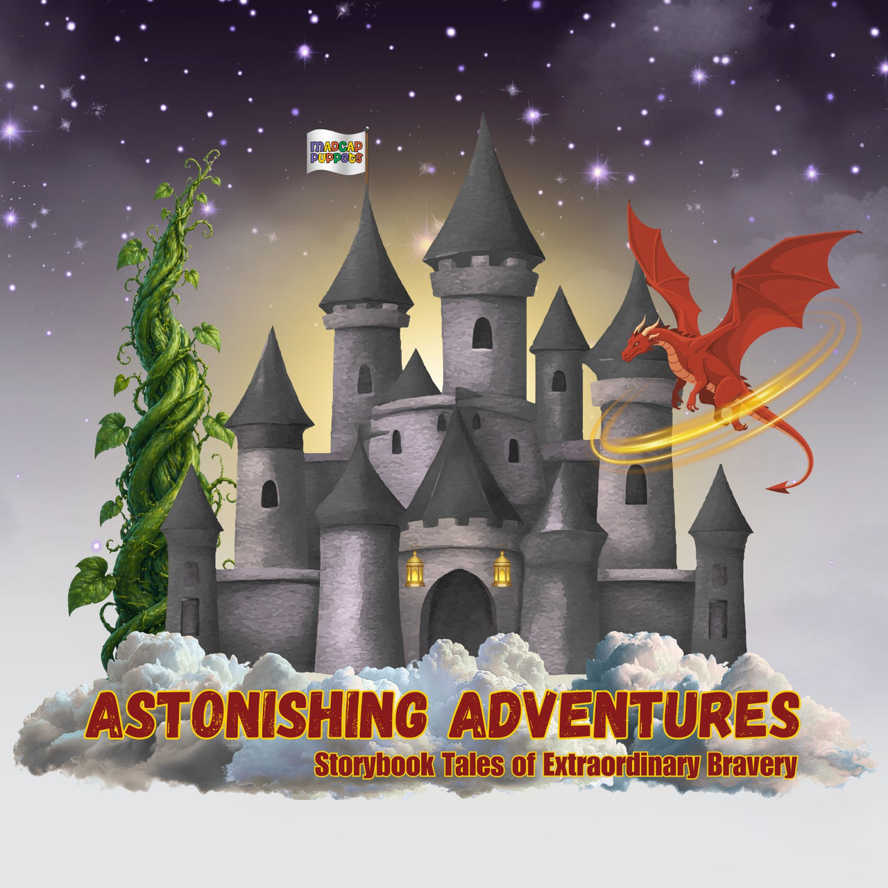illustration of a castle with a beanstalk to one side and a red dragon to the other