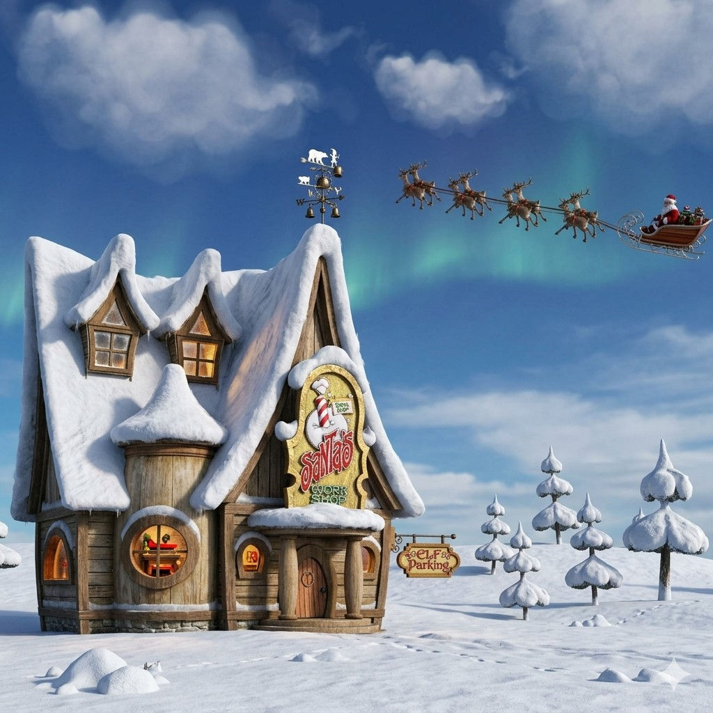 illustration of santa's workshop building at the north pole