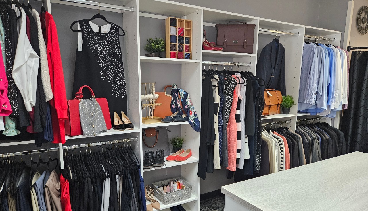 Professional clothes and accessories are neatly organized in the Career Closet